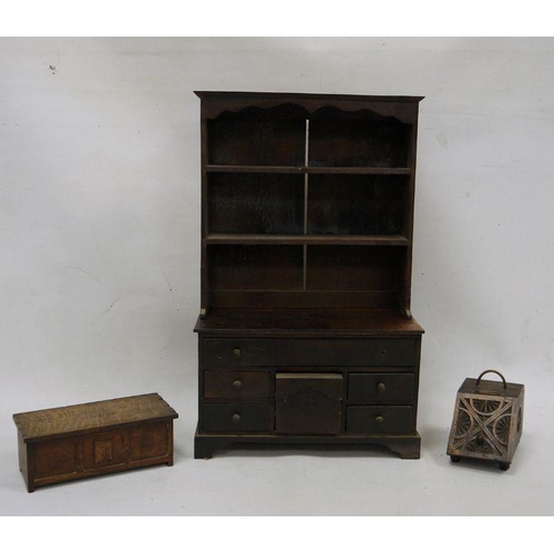 149 - Apprentice-type pieces to include miniature dresser with open shelves and assorted drawers, an oak b... 