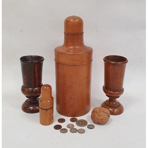 161 - Large treen medicine bottle container, 24cm high, a smaller example and a pair of turned treen goble... 