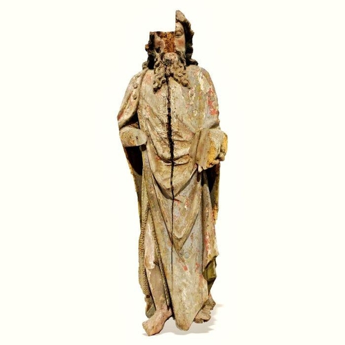 178 - Possibly 16th century Italian carved and painted figure of bearded saint or apostle in painted robes... 