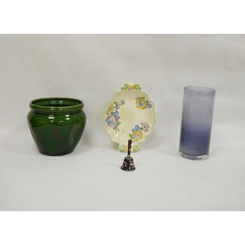 18 - Green glazed stoneware jardiniere, a Ridgways floral decorated dish, a lavender cylindrical glass va... 