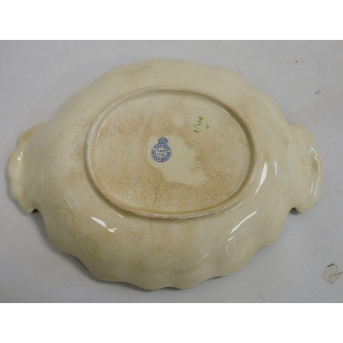 18 - Green glazed stoneware jardiniere, a Ridgways floral decorated dish, a lavender cylindrical glass va... 