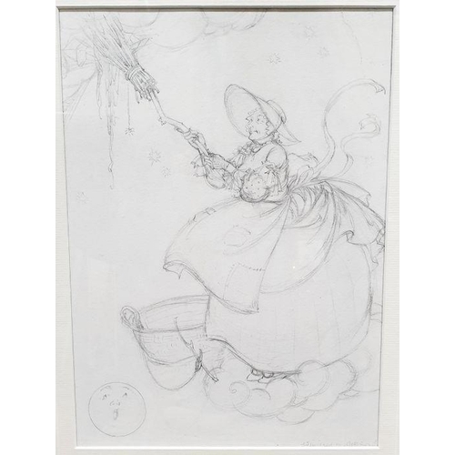 184 - Winifred Ackroyd
 Pencil study
 Children's illustration of old lady with basket and moon, signed low... 