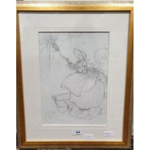 184 - Winifred Ackroyd
 Pencil study
 Children's illustration of old lady with basket and moon, signed low... 