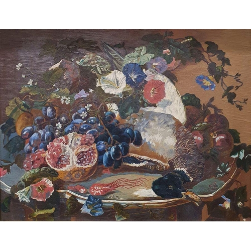 188 - British school - 19th century
 Oil on canvas
 Still life of dead game and fruit with convolvulus flo... 