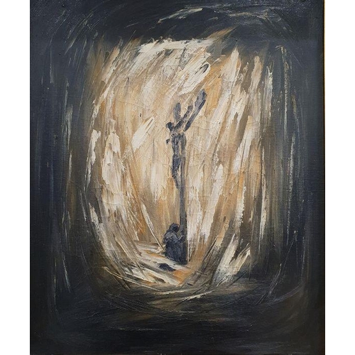 197 - Possibly by John Hutton (1906-1978)
 Oil on canvas
 Figure kneeling beneath Christ on the Cross, sig... 