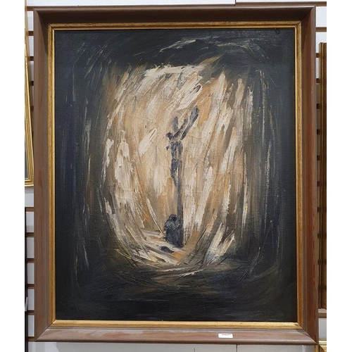 197 - Possibly by John Hutton (1906-1978)
 Oil on canvas
 Figure kneeling beneath Christ on the Cross, sig... 