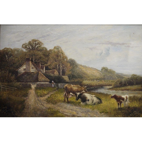 198 - E Wolervoniz(?) (early 20th century)
 Oils on canvas
  Pair of rural landscapes with cattle watering... 