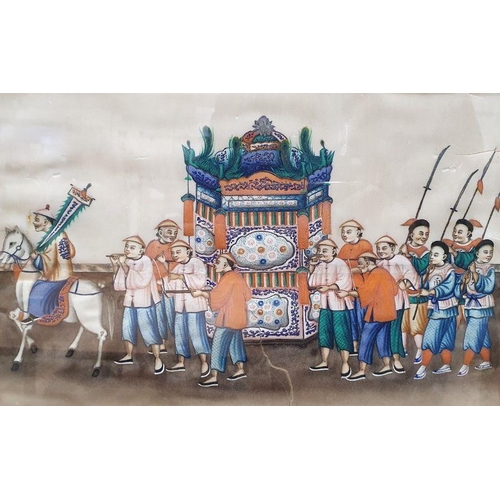 199 - Set of four Chinese watercolours on rice paper, three depicting ceremonial processions, the other th... 