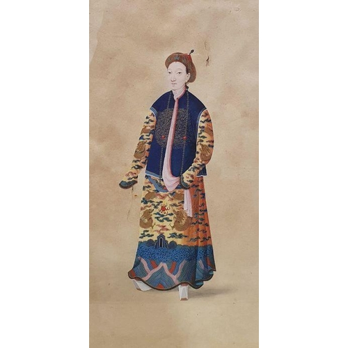 200 - Set of four 19th century Chinese school watercolours, each depicting a single standing court figure ... 