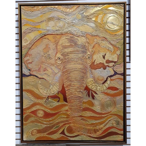 206 - 21st Century school
 Oil and mixed media on canvas
 Elephant in golden hues, signed indistinctly ver... 