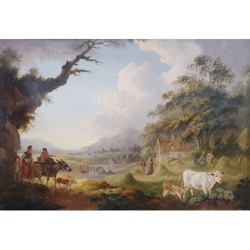 214 - In the circle of Julius Caesar Ibbotson
 Oil on board
 Pastoral scene with haymaking before a villag... 