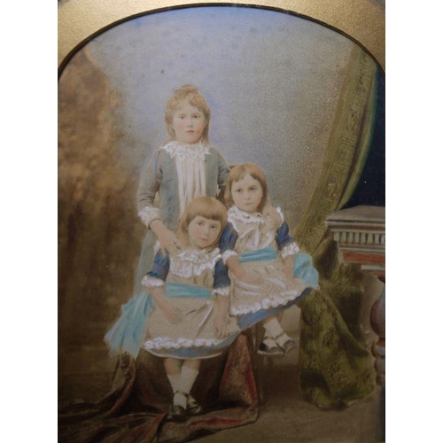 220 - Victorian over-painted photograph of three young girls, a reproduction map of Exeter and a Victorian... 