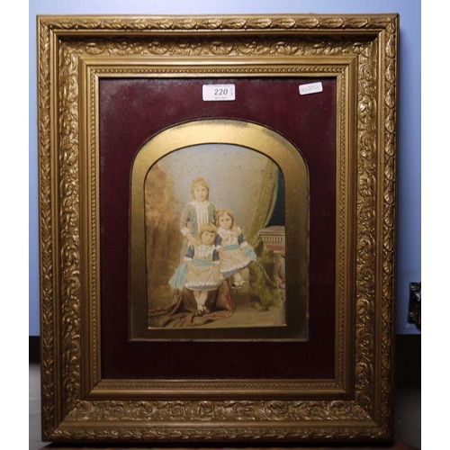 220 - Victorian over-painted photograph of three young girls, a reproduction map of Exeter and a Victorian... 