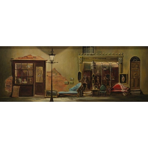 221 - W Stevenson (20th century) 
 Oil on canvas board
 Exterior view of an antiques shop, signed and date... 