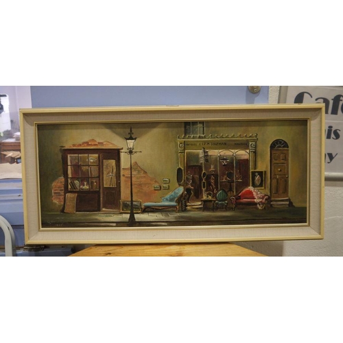 221 - W Stevenson (20th century) 
 Oil on canvas board
 Exterior view of an antiques shop, signed and date... 