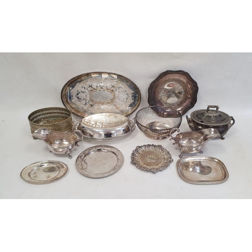 229 - Quantity of silver plated items including a sauce tureen and cover, an oval tray, a pair of sauceboa... 