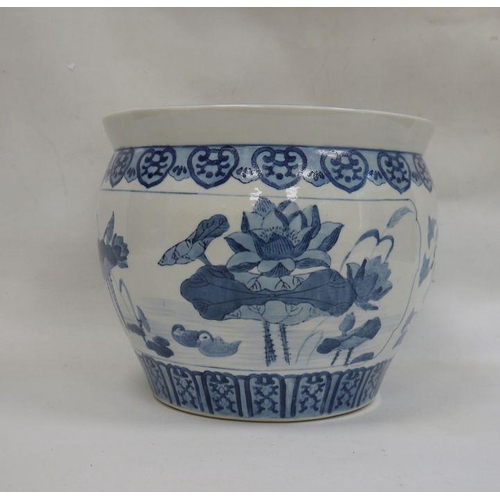 23 - 20th century Chinese blue and white jardiniere decorated with ducks on pond, unmarked to base, 26cm ... 