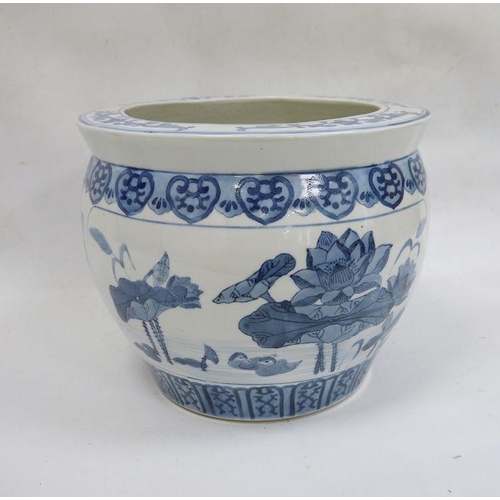 23 - 20th century Chinese blue and white jardiniere decorated with ducks on pond, unmarked to base, 26cm ... 