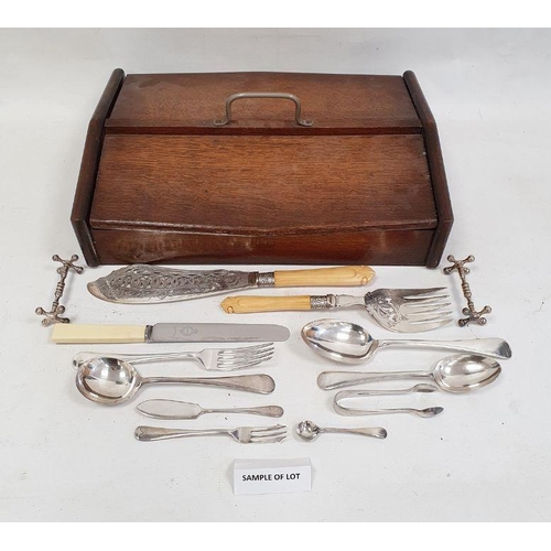 230 - Oak cutlery box and contents including assorted silver plated flatware, knife rests, a pair of Victo... 