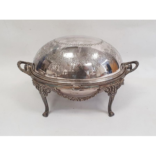 235 - Silver plated breakfast dish of usual oval form with revolving cover decorated with floral swags