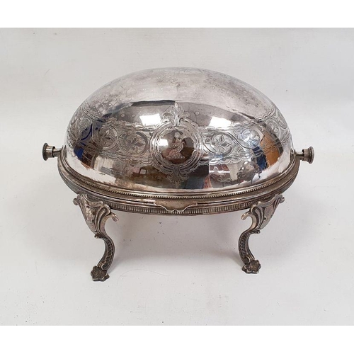 236 - Silver plated breakfast dish of usual oval form and revolving cover with an engraved border