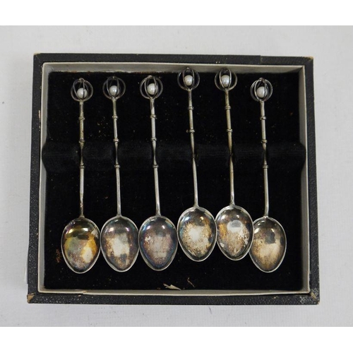 250 - Set of six white metal coffee spoons with pearl terminals