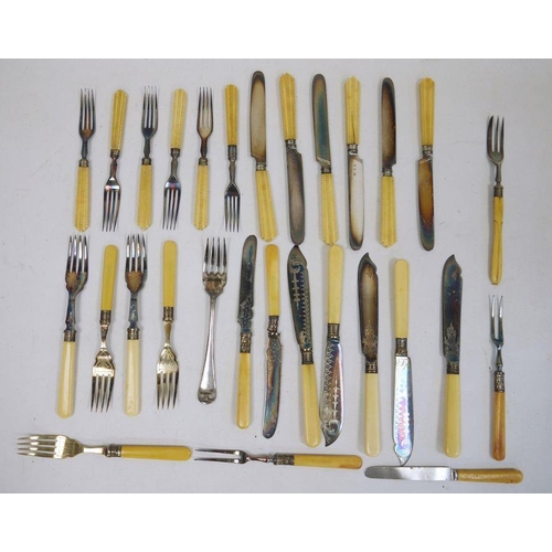 251 - Set of Victorian ivory-handled and silver plated fruit knives and forks and various other flatware