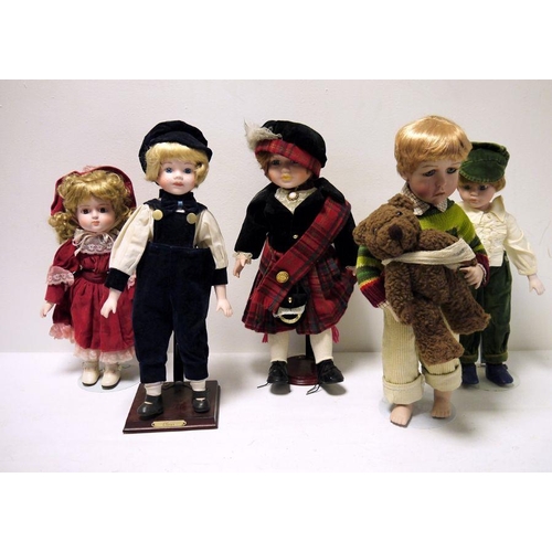 277 - Nine various modern bisque dolls with cloth bodies and the associated stands (9)