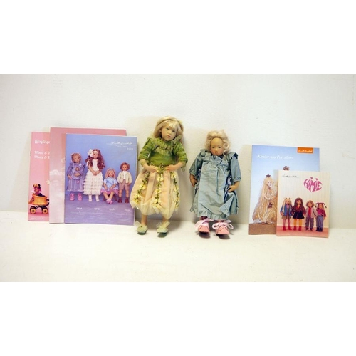 308 - Two Annette Himstedt dolls, one in green net and floral applied dress, 26cm high and the other in bl... 