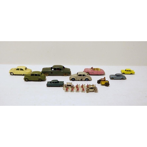 343 - Quantity of loose Dinky Toys and others to include Dinky Toys pink Austin Atlantic, Matchbox Lesney ... 