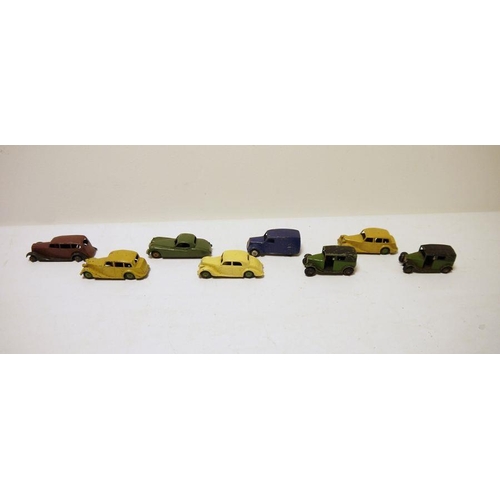 362 - Quantity of loose diecast Dinky toys to include 2 x light brown Triumphs, Riley, blue delivery van, ... 