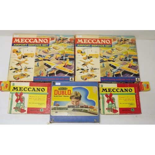 398 - Hornby Dublo electric train part set, boxed, two Meccano outfits No.1, boxed, two Meccano airport se... 