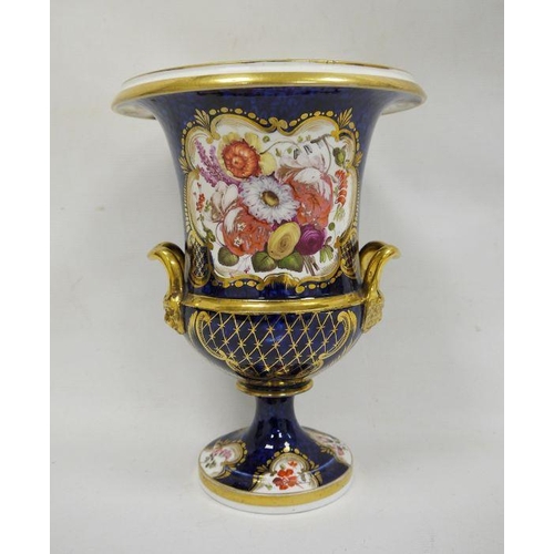 43 - Large Coalport-style two-handled campana vase with gilded decoration over a blue ground, floral pane... 