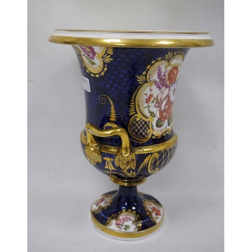 43 - Large Coalport-style two-handled campana vase with gilded decoration over a blue ground, floral pane... 