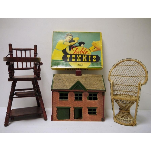 439 - Dolls house, Palitoy table tennis, doll's chair, doll's high chair, small quantity of doll's house f... 