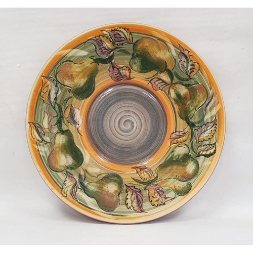 53 - Large Jersey pottery charger with hand painted pear and leaf decoration