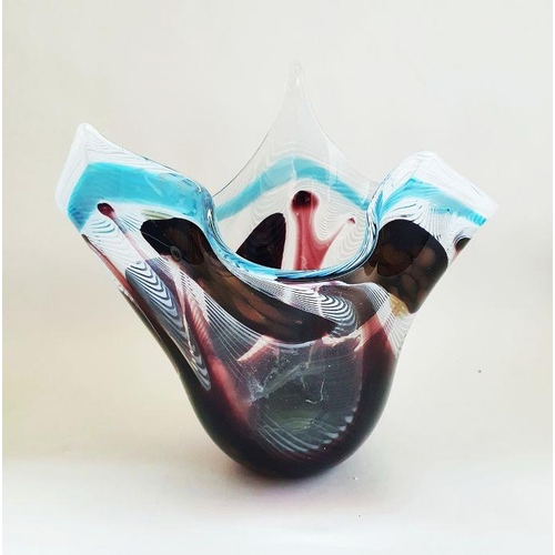 68 - A Murano Fazzoletto glass centrepiece freeform vase with white, burgundy and blue swirls and gold fl... 