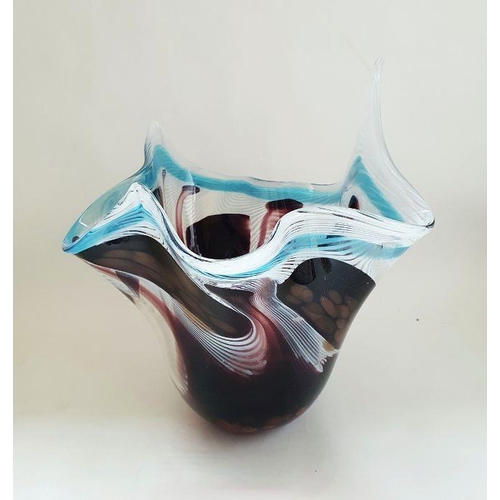 68 - A Murano Fazzoletto glass centrepiece freeform vase with white, burgundy and blue swirls and gold fl... 