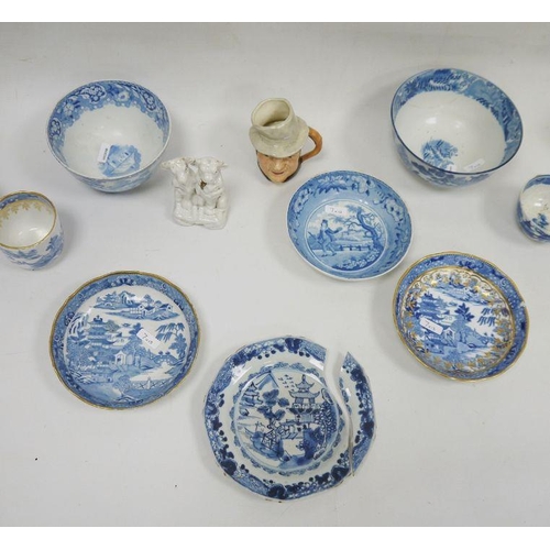 7 - Blue and white transfer-decorated ceramics to include teacups, saucers, semi-china sugar bowl and tw... 