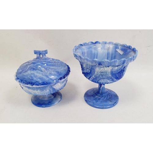 77 - Victorian blue slag glass pedestal bowl by Henry Greener, the circular body decorated with union flo... 