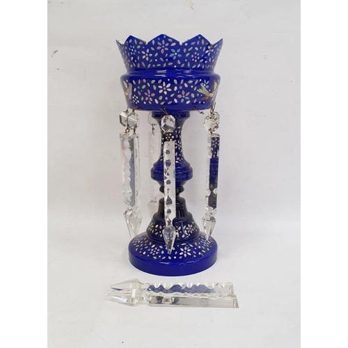 81 - Victorian blue and white overlay glass lustre, having pointed scalloped edge, the top painted with b... 