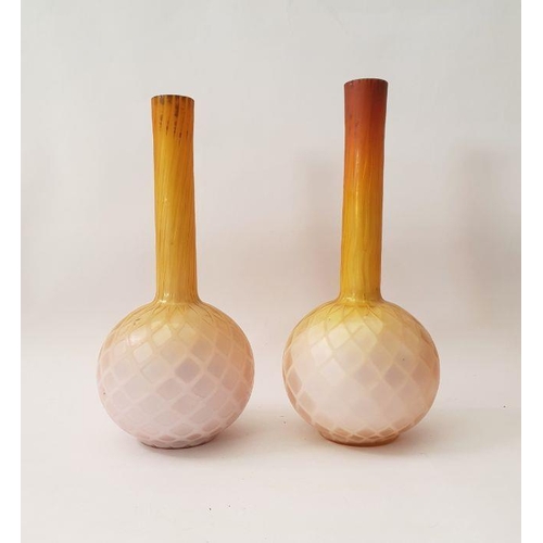 87 - A pair of Victorian Stourbridge Thomas Webb satin glass vases with pink opalescent body to yellow ne... 