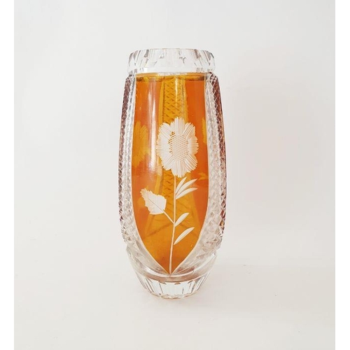 88 - An Early 20th century Bohemian cut glass vase with amber coloured panels and etched floral decoratio... 