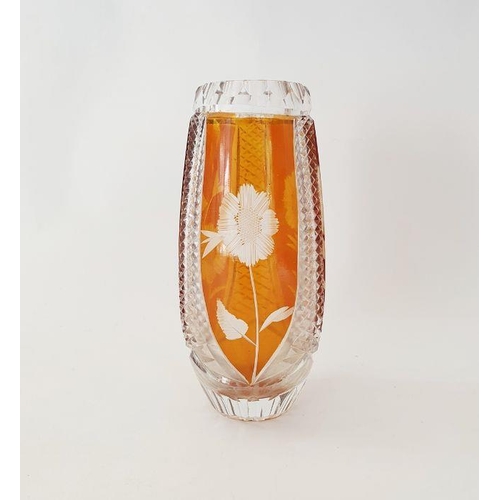 88 - An Early 20th century Bohemian cut glass vase with amber coloured panels and etched floral decoratio... 