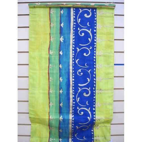 475 - Pair of green, lime and blue striped curtains with gold coloured decoration, roman blind and tie bac... 