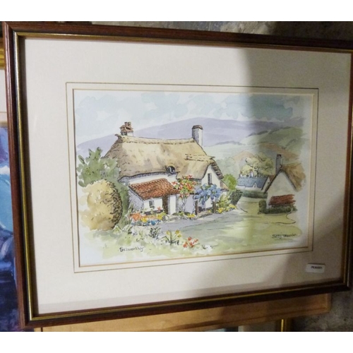 480 - M Marchant 
Watercolour
Village, signed lower right and various pictures and prints (13)