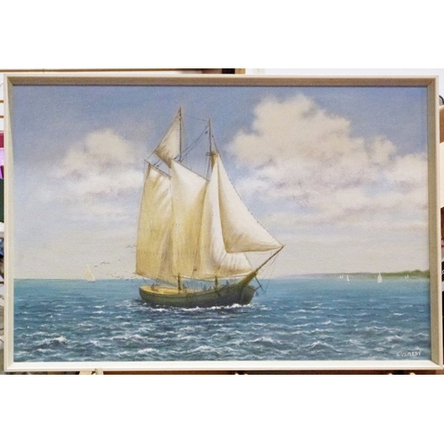 483 - 20th century 
Watercolour
Sir Michaels Mount, unsigned 
20th century 
Oil on panel 
Sailing boat and... 