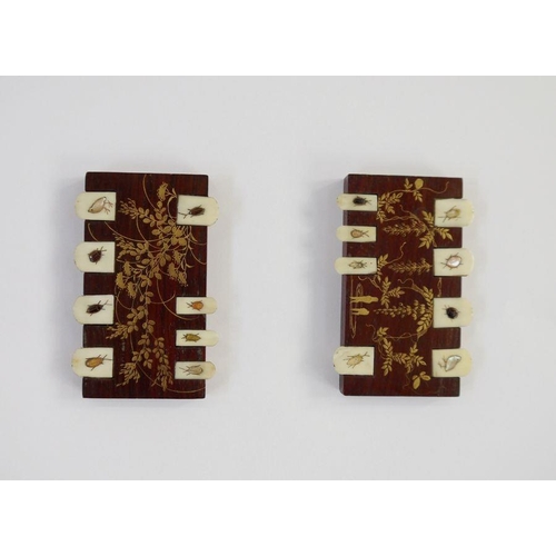 117 - Japanese inlaid card markers in wood with gilt painted decoration and ivory markers, inlaid with bee... 