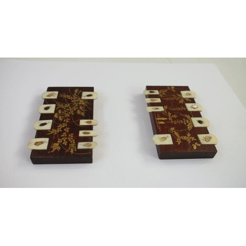 117 - Japanese inlaid card markers in wood with gilt painted decoration and ivory markers, inlaid with bee... 