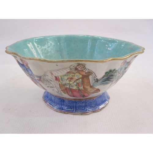 132 - Chinese bowl having everted ogee moulded rim, turquoise interior and painted exterior with figures a... 